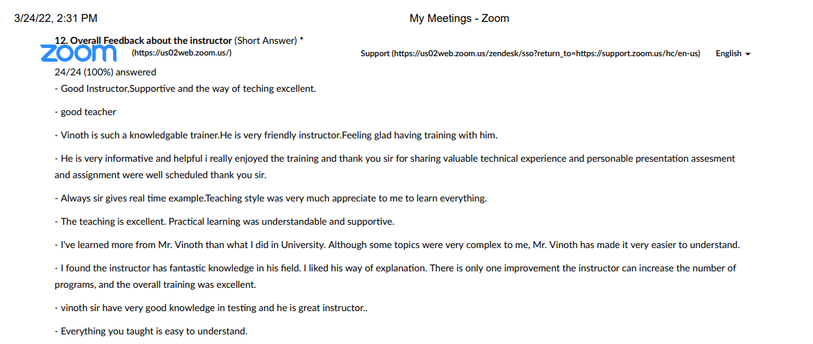 Online Training Feedback – Vinoth Tech Solutions